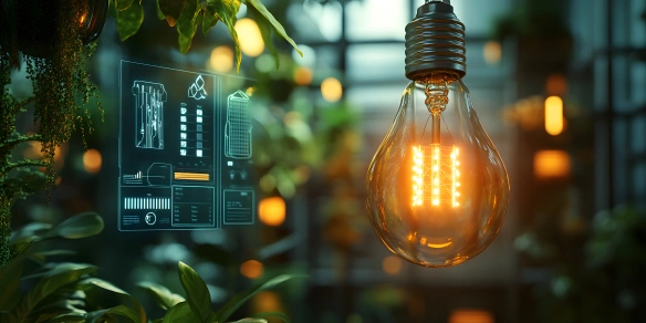 Zbliżenie na klasyczną, szklaną żarówkę z żarnikiem świecącym ciepłym, pomarańczowym światłem. Żarówka zwisa na tle rozmytych, soczyście zielonych roślin w szklarni. Po lewej stronie żarówki unosi się w powietrzu półprzezroczysty, błękitny interfejs cyfrowy z wykresami i danymi, sugerujący inteligentny system monitorowania natury.