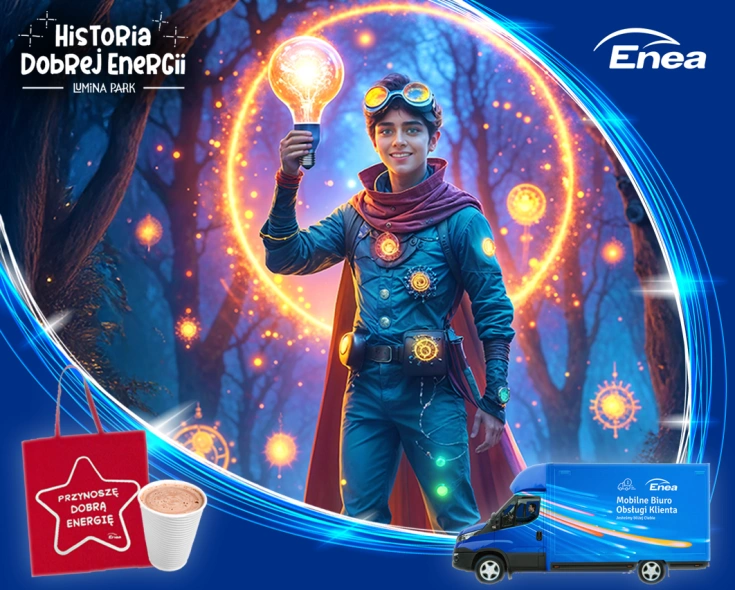 Chłopak z żarówką w lesie – kampania Enei „Historia Dobrej Energii” w Lumina Park.
